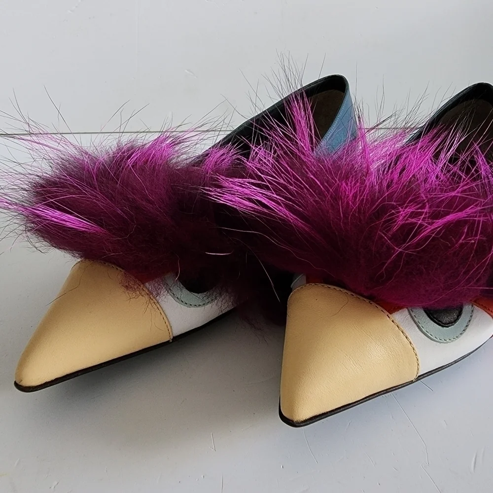 NEW Fendi Leather And Fur Monster Eye Pointed Toe Ballet Flats Size 38 - Picture 4 of 13
